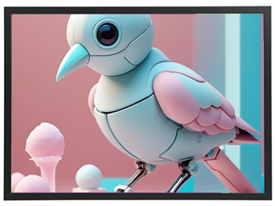 En stiliseret robotfugl i pastelfarver står i et legende miljø med skumfiduser og kugler.