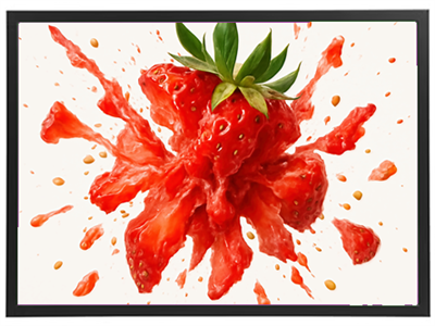 Et dynamisk billede af et jordbær, der sprøjter saft i alle retninger.