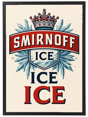Et farverigt logo for Smirnoff Ice med en krone og is-blade.