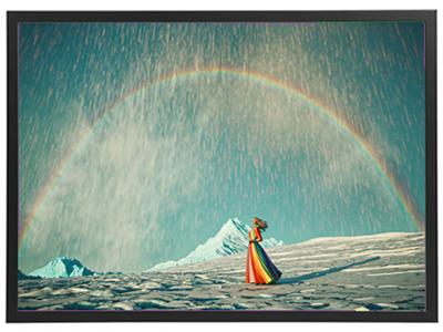 En kvinde i en farverig kjole står under en regnbue i et sneklædt bjerglandskab.