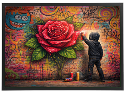 Et farverigt vægmaleri af en dreng, der maler en stor rød rose på en graffiti-dækket mur.