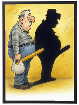 En mand ser på sin egen skygge, som viser en mere imponerende figur end han selv har.