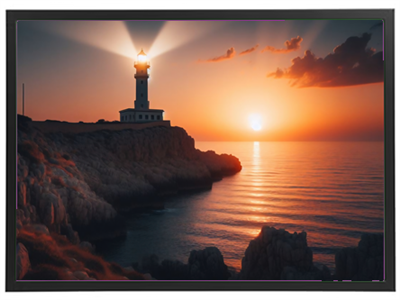 Et smukt fyrtårn lyser op ved kysten, mens solen går ned over havet.