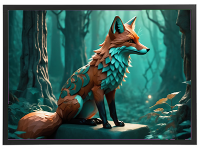 En stiliseret, farverig ræv står på en sten i en mystisk skov med grønne nuancer.