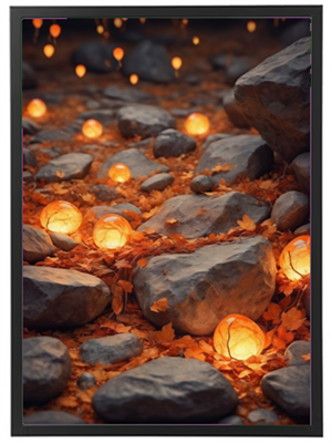 En smuk scene med glødende kugler blandt sten og efterårsblade.