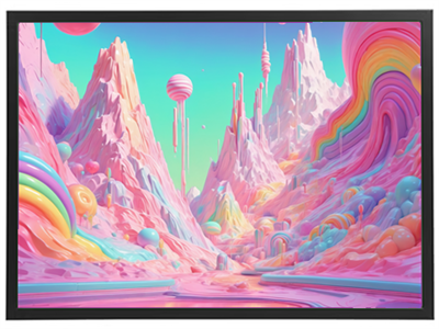 En surrealistisk, farverig verden med bølgende bjerge og svævende kugler.