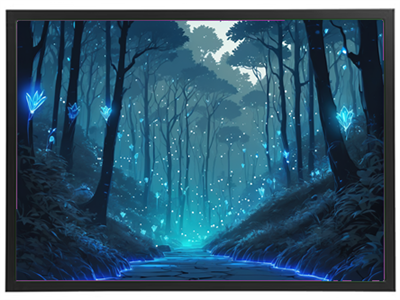 En mystisk skovscene med blålige lys og en glitrende sti, der skaber en drømmende atmosfære.