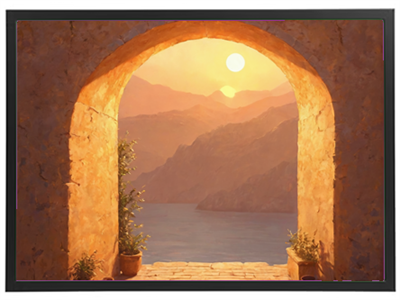 En smuk udsigt gennem en bue mod en solnedgang over bjerge og hav.