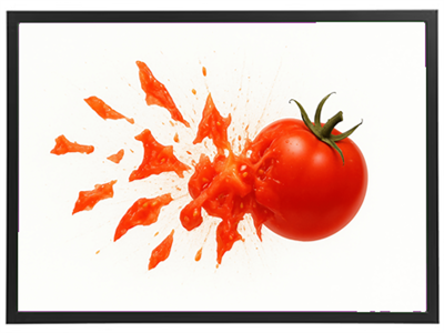 Et billede af en tomat, der eksploderer og sprøjter saft i alle retninger.