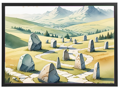 En fredfyldt udsigt over en stenlabyrint i et bjergrigt landskab.