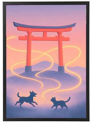 En farverig illustration af en Torii-port med en hund og en kat, omgivet af lys og tåge.