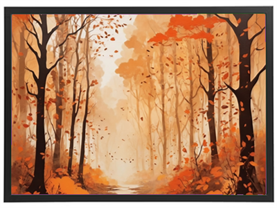 En kunstnerisk fremstilling af en skov i efteråret, fyldt med orange og gyldne nuancer.