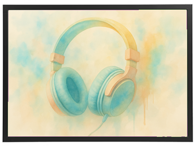 Et akvarelmaleri af et par hovedtelefoner med bløde farver og en kunstnerisk baggrund.
