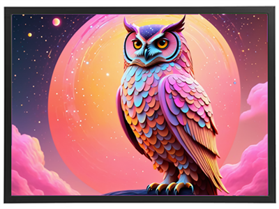 En stiliseret ugle med farverige fjer står stolt foran en stor, lysende planet.