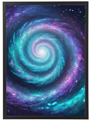 En farverig og hypnotisk spiralgalakse med nuancer af lilla og blå, der skaber en dyb rummet.