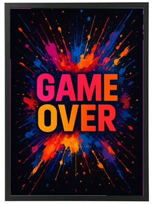 En livlig og farverig illustration med teksten GAME OVER i fokus, omgivet af sprøjt af farver.