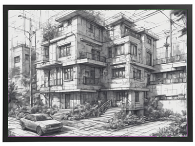 En skitse af en moderne bygning med detaljerede linjer og en bil parket foran.