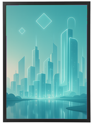 En stiliseret illustration af en futuristisk by med høje, oplyste bygninger og en spejlende vandflade.