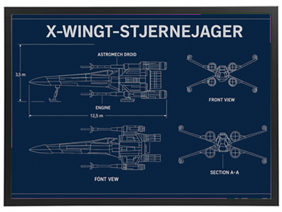 Teknisk tegning af en X-Wing stjernejager med forskellige visninger.