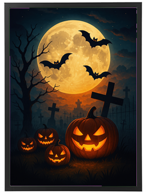 En stemningsfuld Halloween-nat med en stor måne, græskar med ansigt og flagermus.