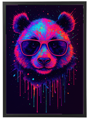Et farverigt og stiliseret billede af en panda iført solbriller, med dråber af farve.