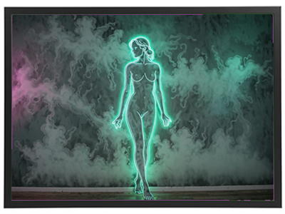 Et kunstnerisk billede af en kvindelig silhuet i neon, omgivet af farvet røg.
