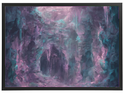 En drømmende og farverig illustration af en hule med trapper, oplyst af bløde nuancer.