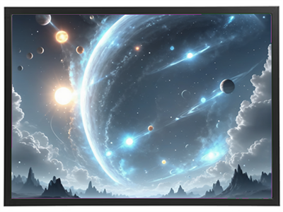 En betagende illustration af et univers med planeter, stjerner og skyer.