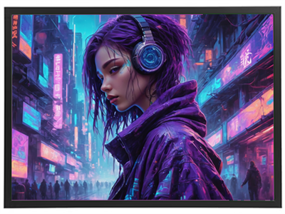 Et portræt af en kvinde med lilla hår og hovedtelefoner, omgivet af en lysende, futuristisk by.