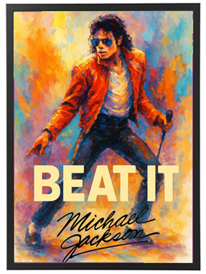 Farverig illustration af Michael Jackson i ikonisk stil fra Beat It musikvideoen.