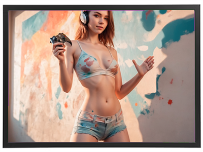 En ung kvinde står foran en farverig væg, iført en top og shorts, mens hun holder en controller.