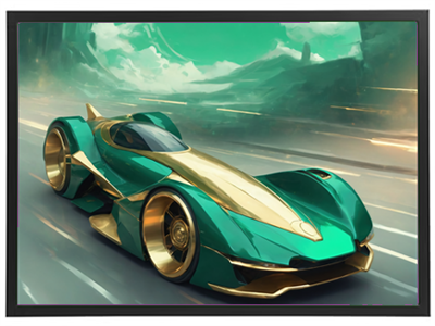 En stiliseret racerbil med en kombination af grønne og gyldne farver, der kører hurtigt.