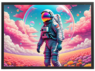 En astronaut går gennem en farverig, drømmende landskab med skyer og bobler.