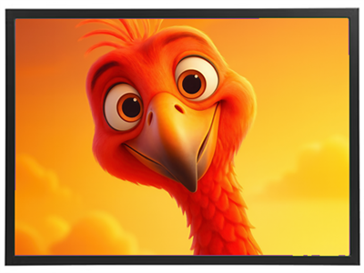 En glad, rød fugl med store øjne, der smiler mod kameraet i en varm solnedgang.