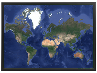 Et detaljeret satellitbillede af jorden, der viser kontinenter og oceaner.