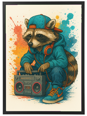 Et farverigt og stiliseret billede af en vaskebjørn iført cap og hoodie, der holder en boombox.