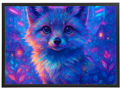 Et livligt og farverigt billede af en ræv i en drømmende skov med lysende huse.