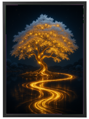 Et smukt træ med glødende lys, der reflekteres i vandet, skaber en drømmende atmosfære.