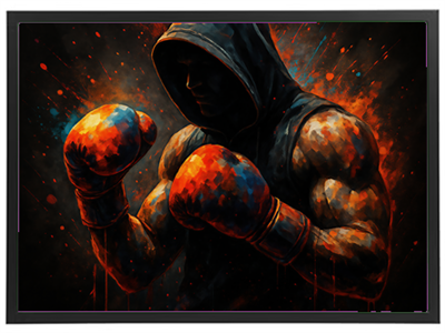 En muskuløs bokser i hætte, klar til kamp, omgivet af farverige sprøjt af maling.