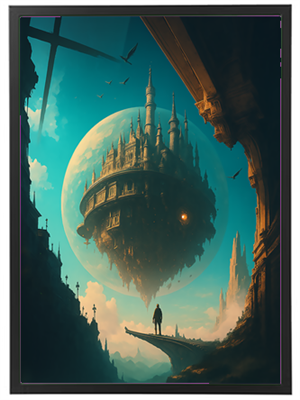 Et majestætisk slot svæver over en dramatisk landskab, omgivet af en stor måne.