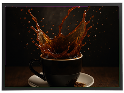 Et billede af en sort kaffekop, hvor kaffe sprøjtter op fra koppen i en dramatisk bevægelse.