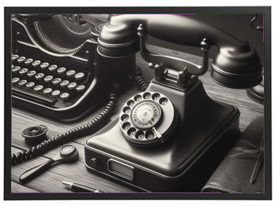 Et sort-hvidt billede af en gammeldags telefon og skrivemaskine på et skrivebord.