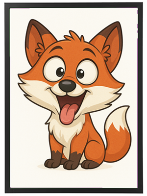 En farverig og glad tegneserie-ræv med store øjne og et venligt smil.