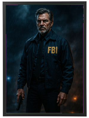 En FBI-agent står resolut i regnen, iført en jakke med FBI-logo og holder en pistol.