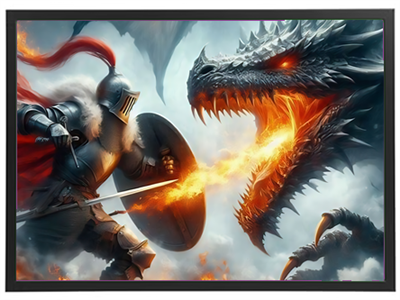 En dramatisk scene med en ridder, der kæmper mod en ildspyende drage.