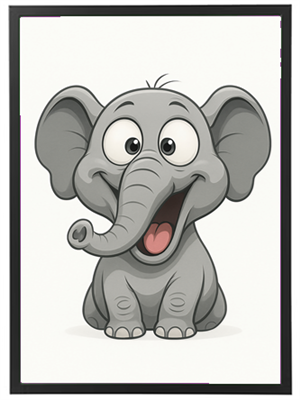 En tegneserieagtig elefant med store, udtryksfulde øjne og et stort smil.