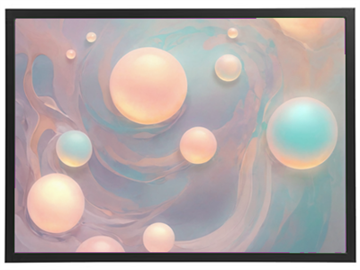 Et kunstnerisk billede med svævende kugler i bløde pastelfarver på en bølgende baggrund.