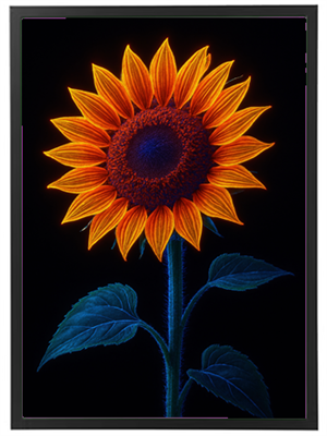 Et kunstnerisk billede af en solsikke med levende, neonlignende farver på en mørk baggrund.