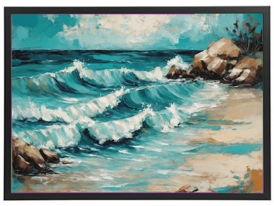 Farverig maleri af bølger, der bryder mod klipperne ved stranden.