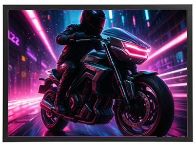 En motorcyklist i sort udstyr kører gennem en futuristisk by med neonfarver.